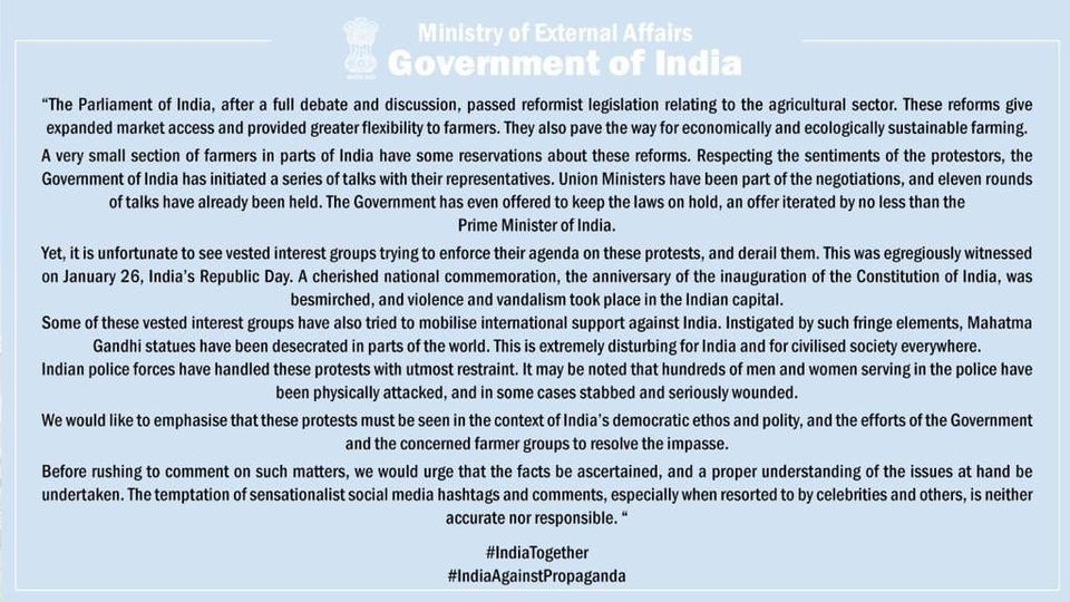 Press Statement on recent comments by foreign individuals and entities on the farmers protests